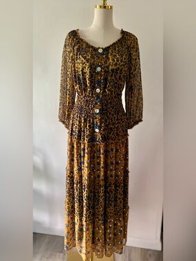 Figueroa & Flower Leopard & Floral Tiered Semi-Sheer Boho Maxi Dress Woman's 1X